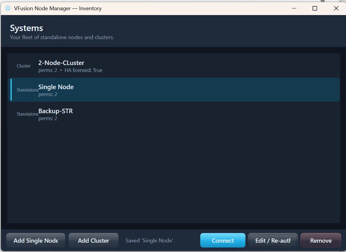 VFusion system inventory with a two-node cluster, a standalone node and a backup storage system.