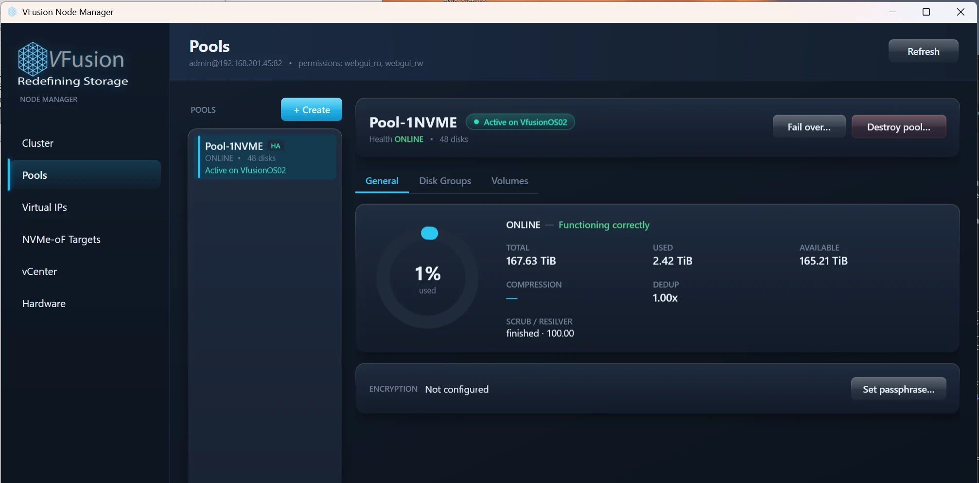 VFusion Resource Manager displaying a storage pool, available capacity and its active node.